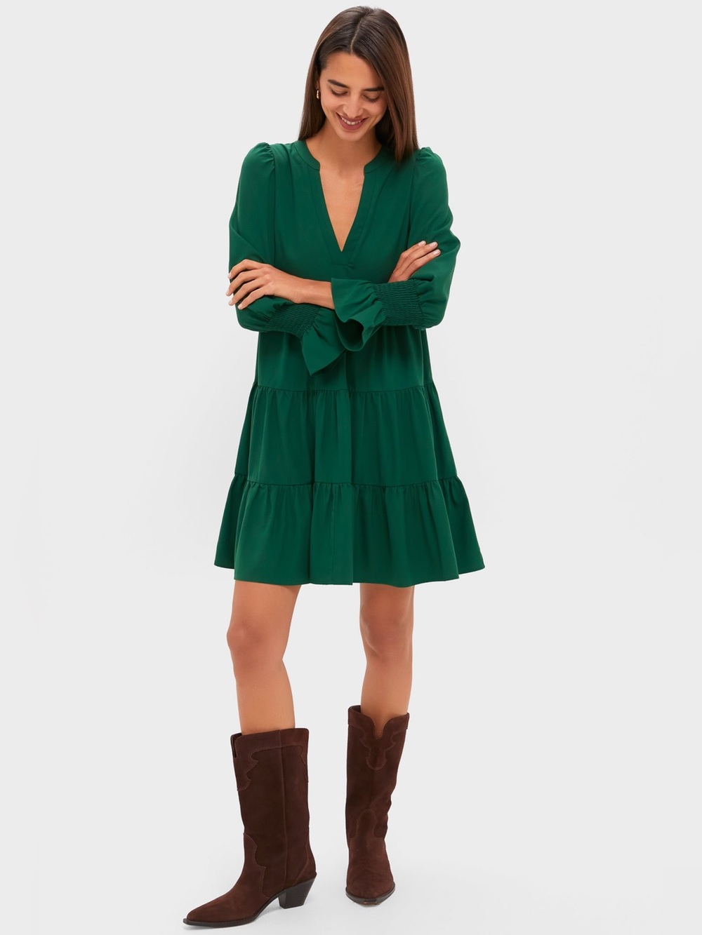 Tuckernuck Pomander Place Hunter Green Crepe Kenzo Dress Tiered XS Feminine